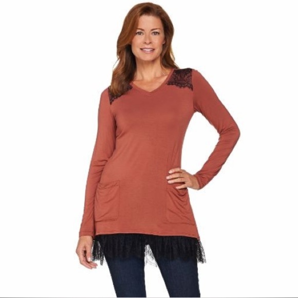 LOGO by Lori Goldstein Rust Top with Black Lace - Picture 1 of 14
